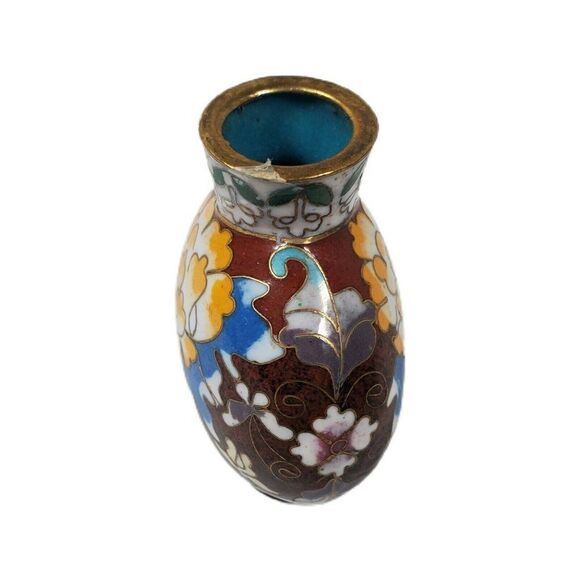 Antique Vintage Cloisonné Enamel Matchstick Toothpick Holder Bud Vase Mini 2.25" - Picture 4 of 7